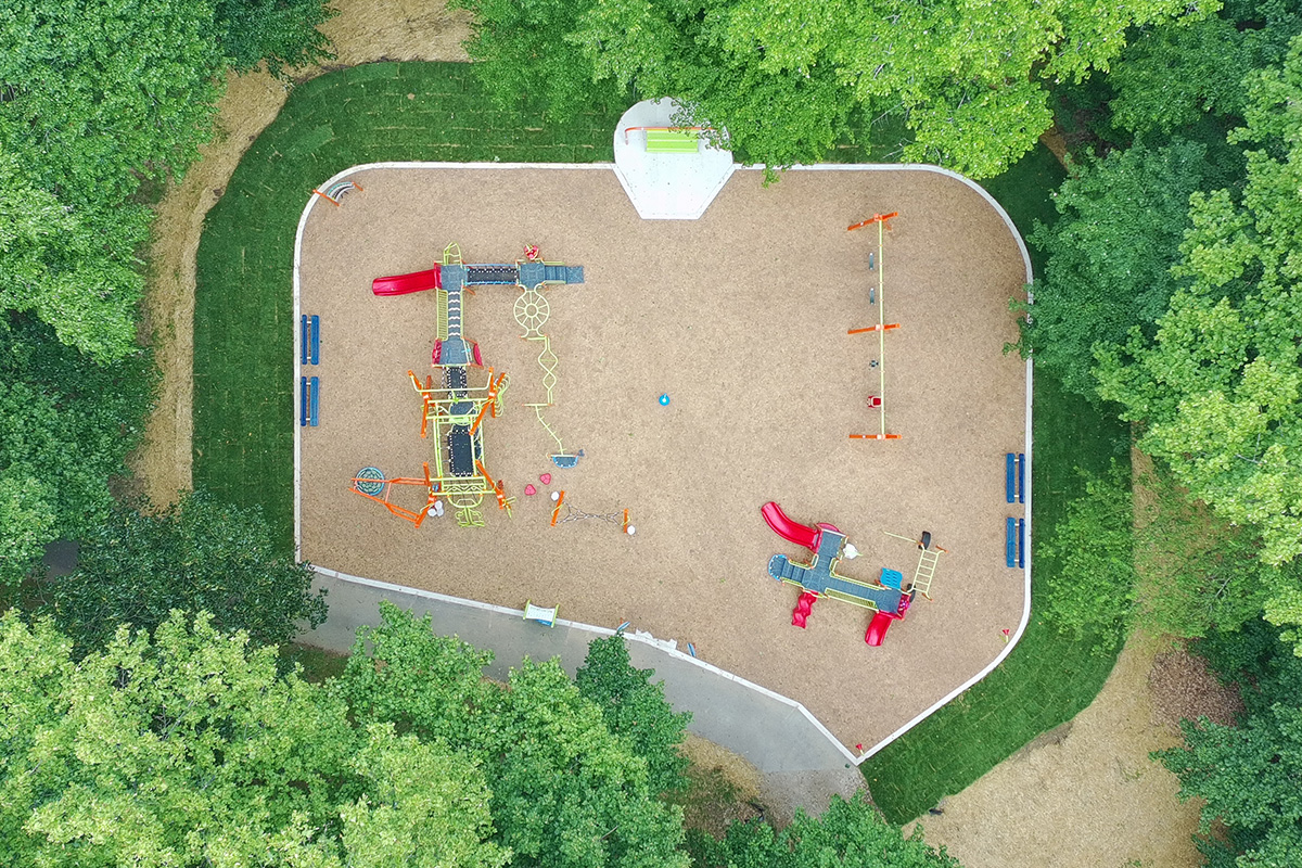 Aerial view of the complete Willow Wood Playground and safety surfacing layout.
