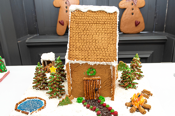 A gingerbread log cabin with pretzel log supports holding up a steep roof. In the yard is a log fire, an inground pool, and many cookie trees.