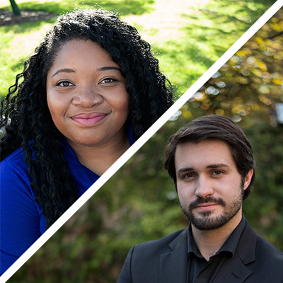 A split photos of two individuals, Ariel Emma, and Joshua Cessna standing in front of a grass and tree filled background