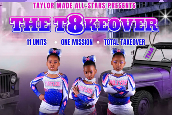 Three young cheerleader girls wearing purple and white uniforms posing in front of a background.