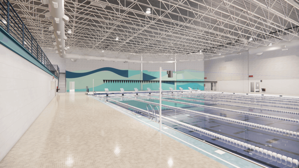 A 3D rendering of a large, indoor pool set up with eight lap lanes. An abstract mural is painted on the far wall.