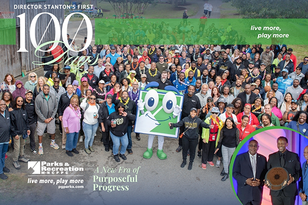 A cover showcasing the many people who work at M-NCPPC - Director Stanton's First 100 days. A new Era of Purposeful Progress