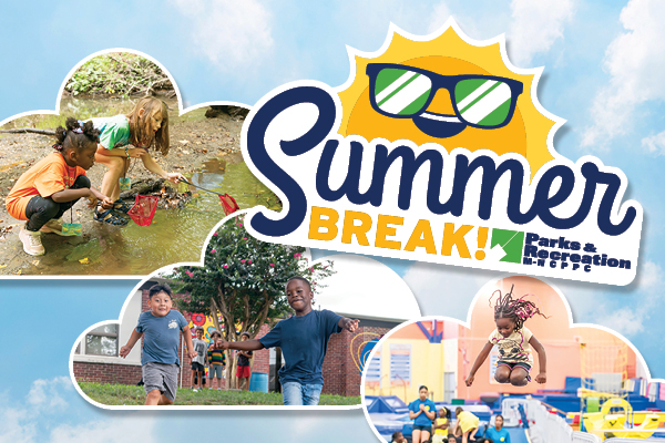 Banner graphic with a yellow cartoon sun mascot. It is wearing blue and green sunglasses and floating above text that reads "Summer Break!" There are inset pictures of children in nature, running and jumping.