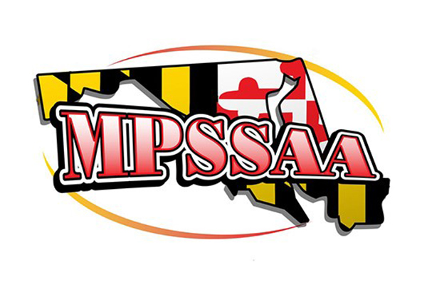 Logo with the letters MPSSAA in red over an image of the state of Maryland, decorated with the Maryland flag.