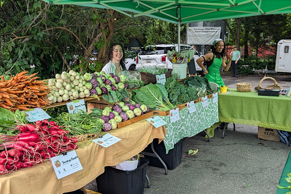 Two people standing under a tent behind a table. There is lots of various produce and vegetables for sale.