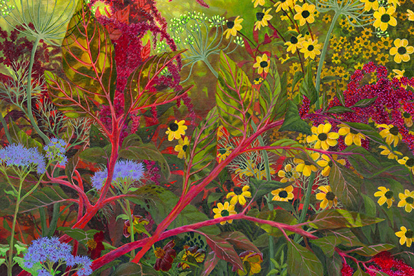 Detailed painting of colorful wildflowers and plant life.